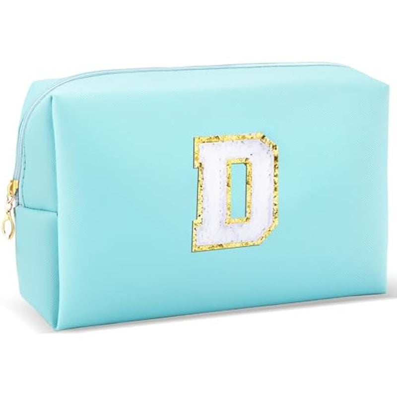 Gifts for Girls Initial Makeup Bag Personalized Cosmetic Bag with Zipper Cute Travel Toiletry Bag Waterproof PU Preppy Makeup Pouch Birthday Gift for Teen Girls Women(Blue D) - Image 1